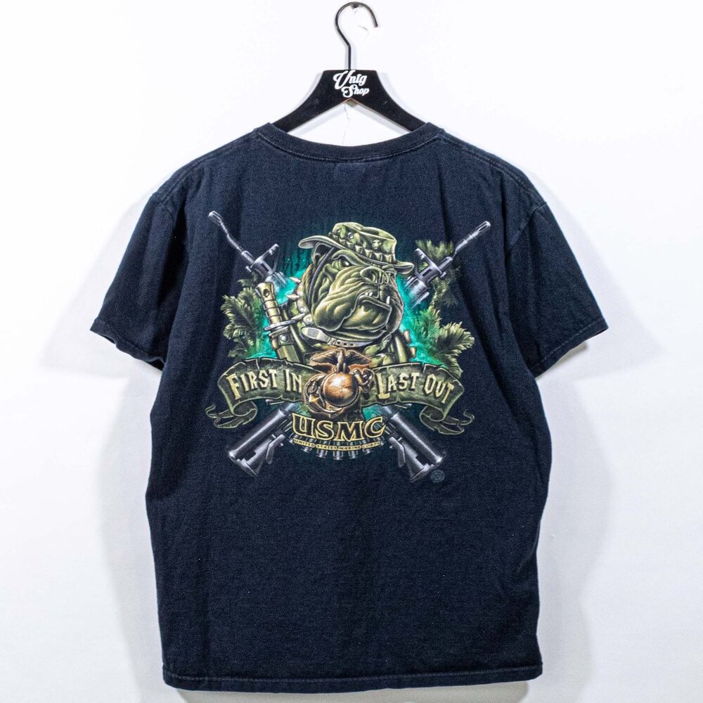 US Marines Bulldog First In Last Out T-Shirt Large Y2K Streetwear Military